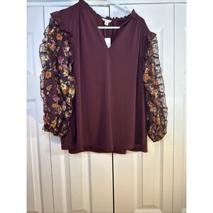 Cato NWT Women's Large Burgundy Sheer‎ Ruffle Floral Sleeves
